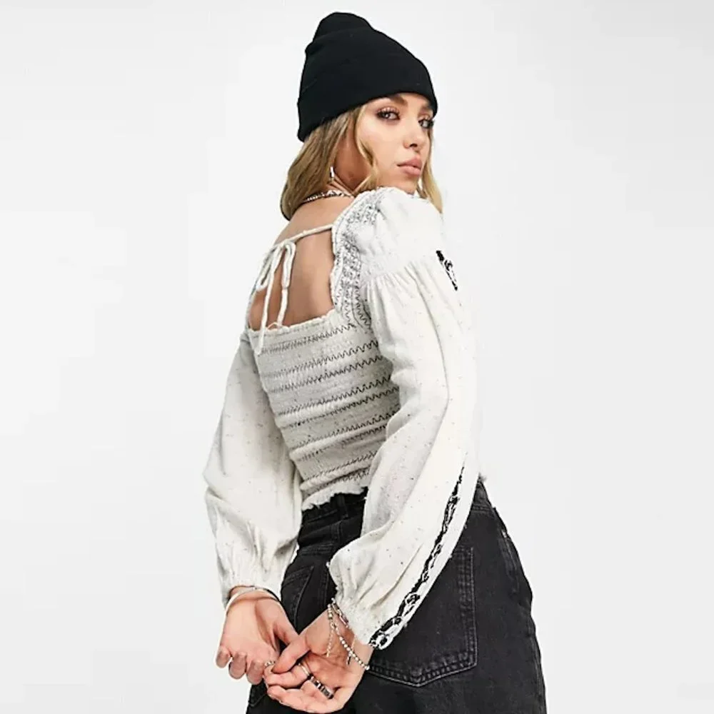 NWT New $148 Free People Maggie Embroidered Shirred Ivory Blouse Top Size S